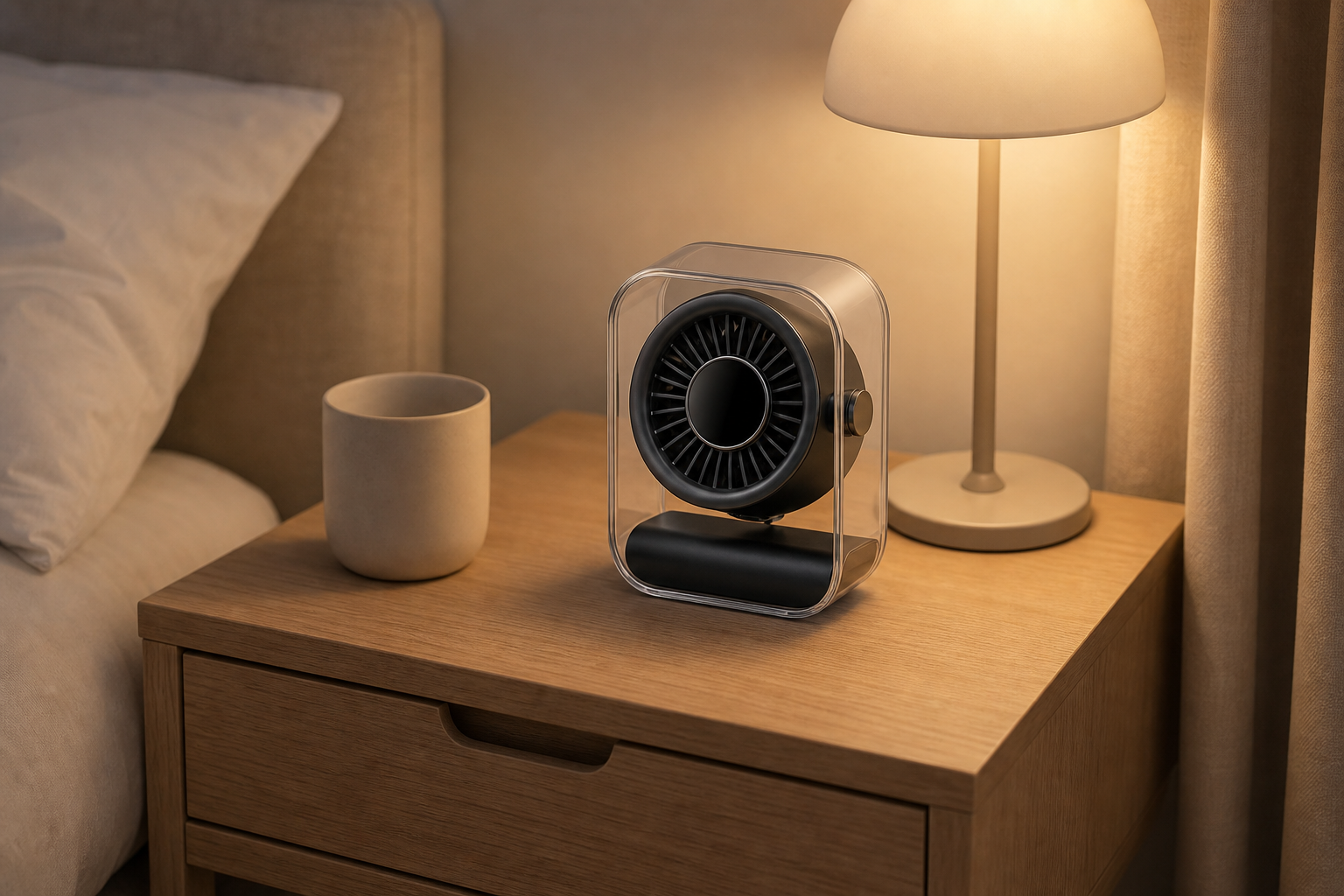 Compact Digital Desk Fan — bedside lifestyle